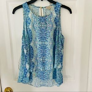 CREMIEUX pastel blue geometrical watercolor ruffle flowy shirt Size XS